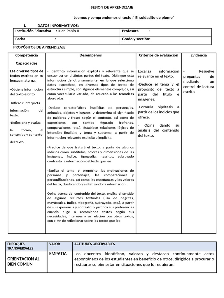SESION DE APRENDIZAJE Plan Lector El Soldadito de Plomo | PDF | Aprendizaje