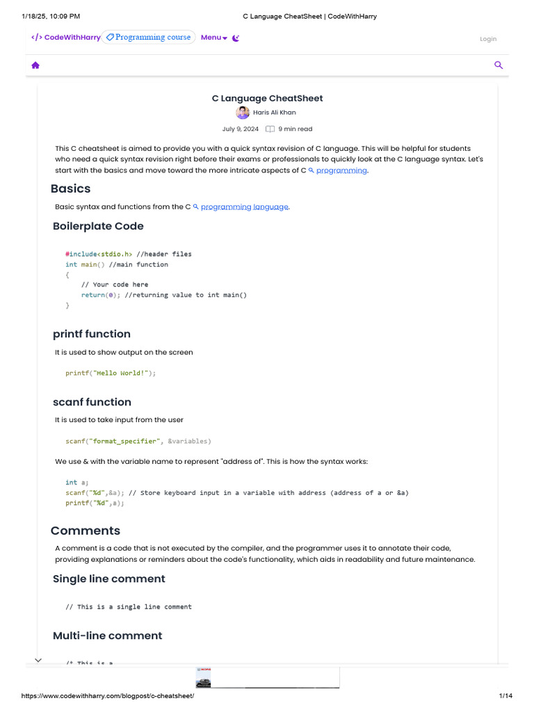 C Language Syntax Cheat Sheet | PDF | Pointer (Computer Programming ...