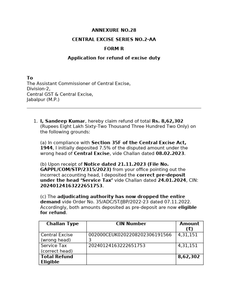 Service Tax Refund Application Form R | PDF | Excise | Taxation