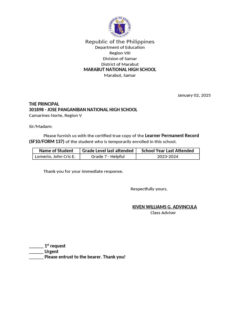 Request for Student Records - Marabut High School | PDF