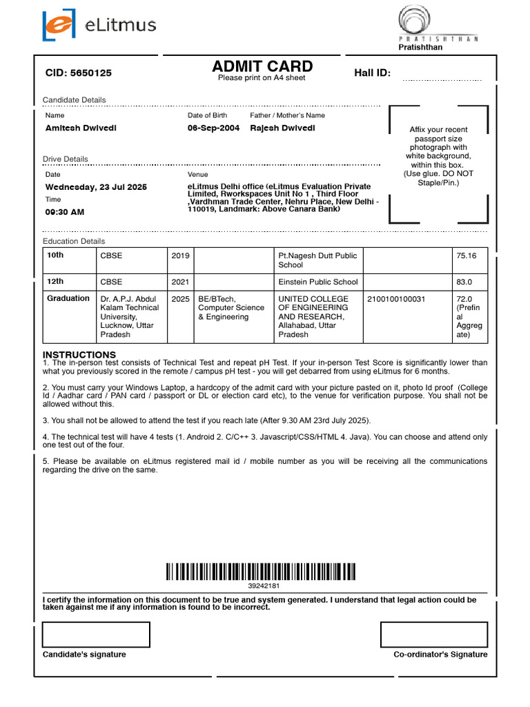 eLitmus Admit Card Instructions | PDF | Computing