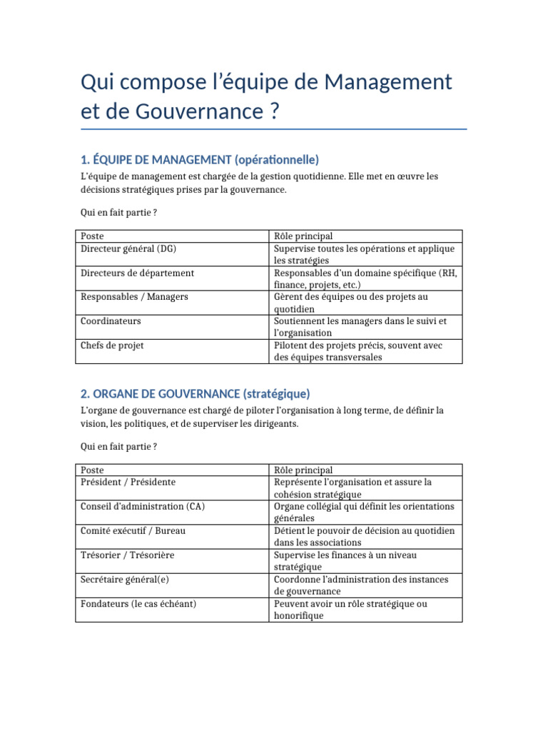 Équipe de Management et Gouvernance | PDF | Gouvernance | Conseil d ...