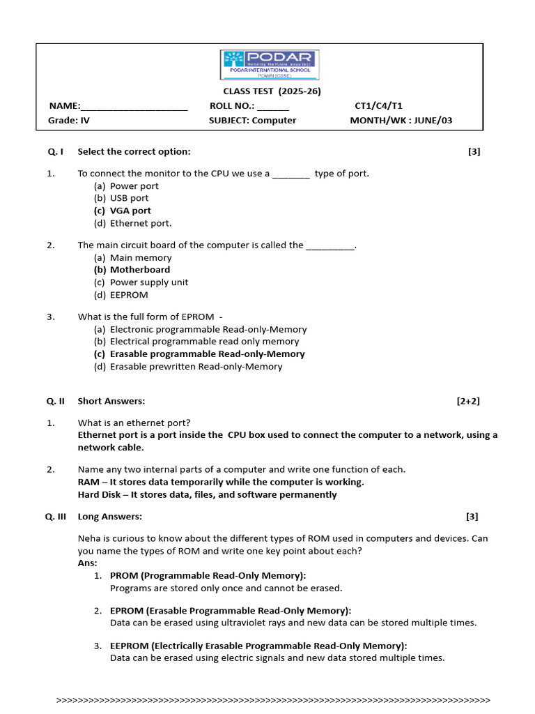 Grade IV Computer Class Test 2025-26 | PDF