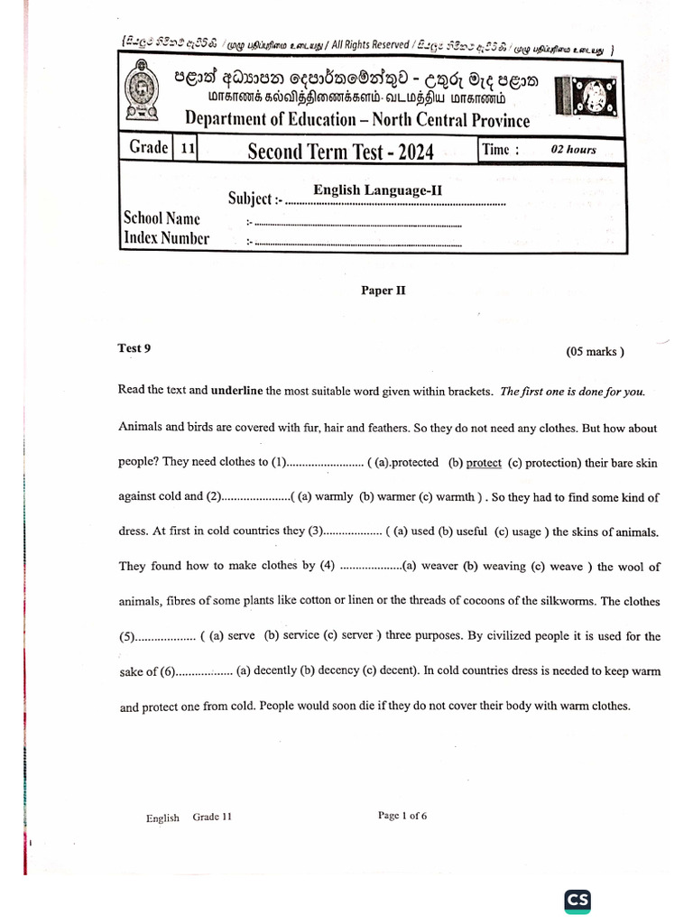 English Grade 11 Second Term Test 2024 Paper 11 Ncp Pdf