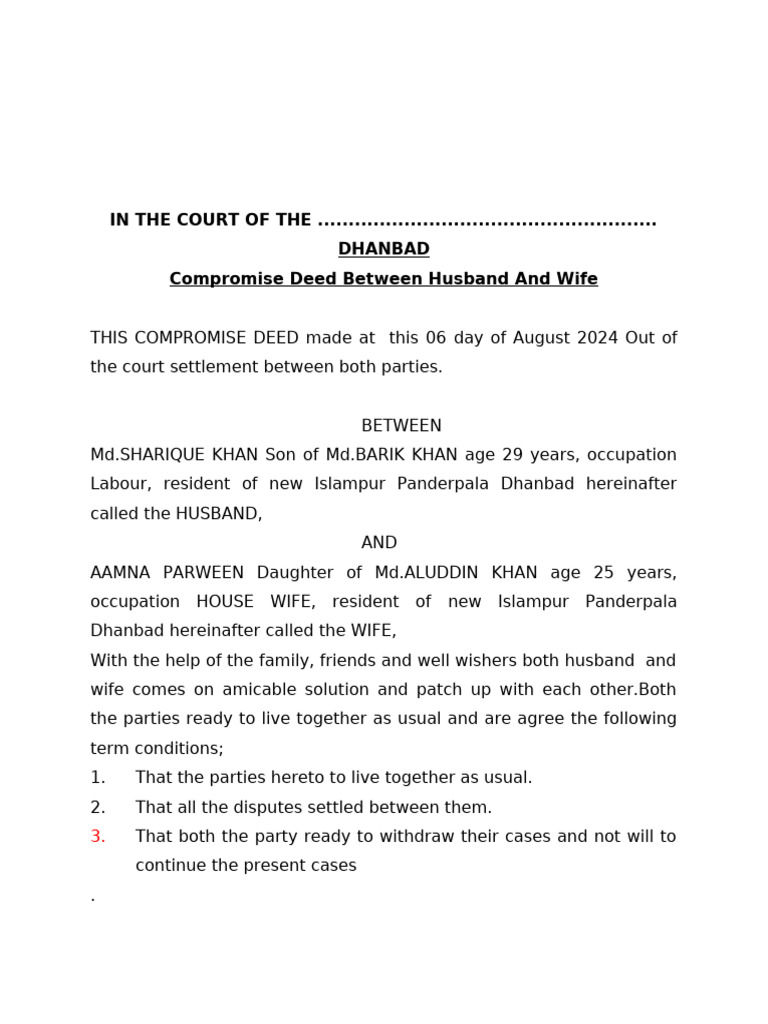 Compromise Deed Between Husband and Wife | PDF