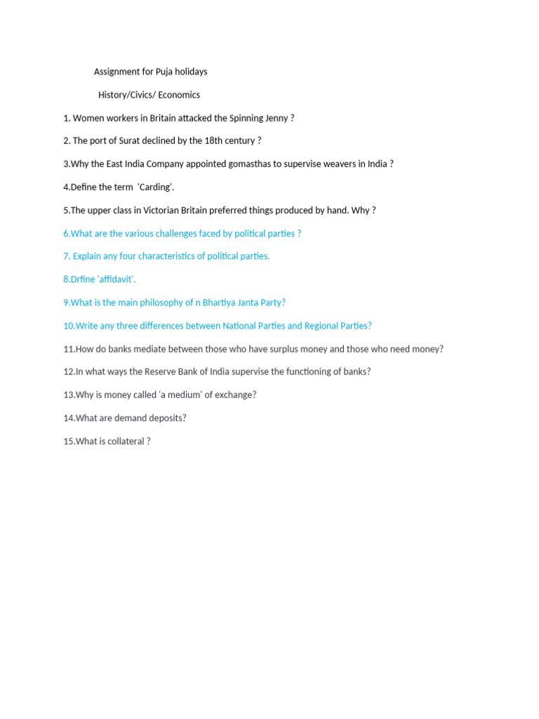 STD 10 Assignment Puja Holidays 2022 | PDF
