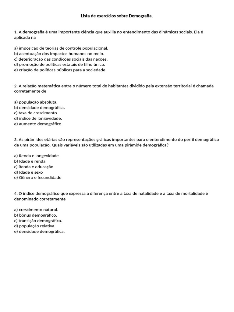 Exercícios de Demografia para Estudo | PDF | Demografia | População mundial