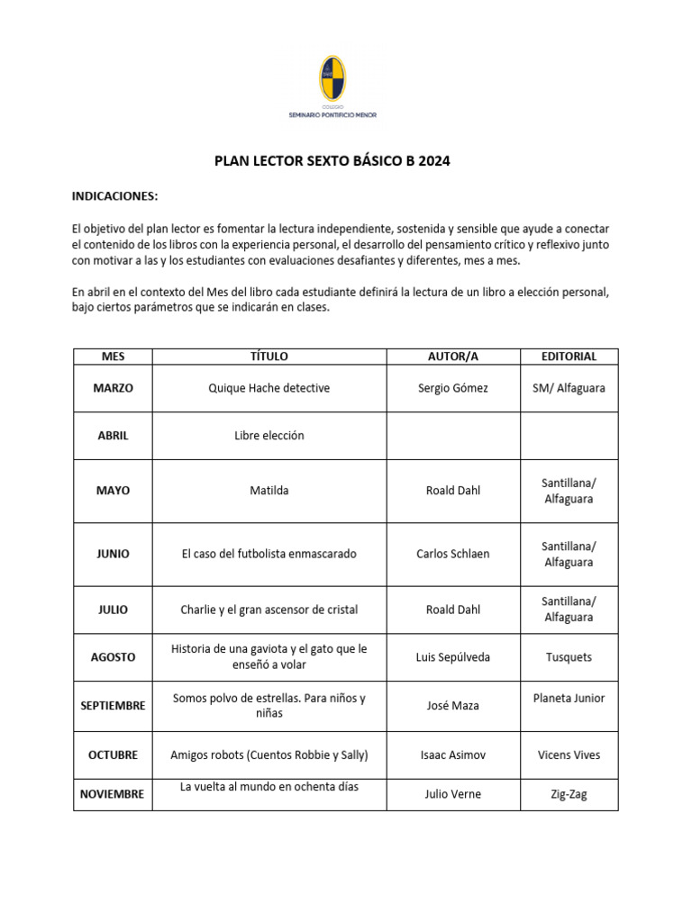 Plan Lector Sexto Básico 2024 | PDF