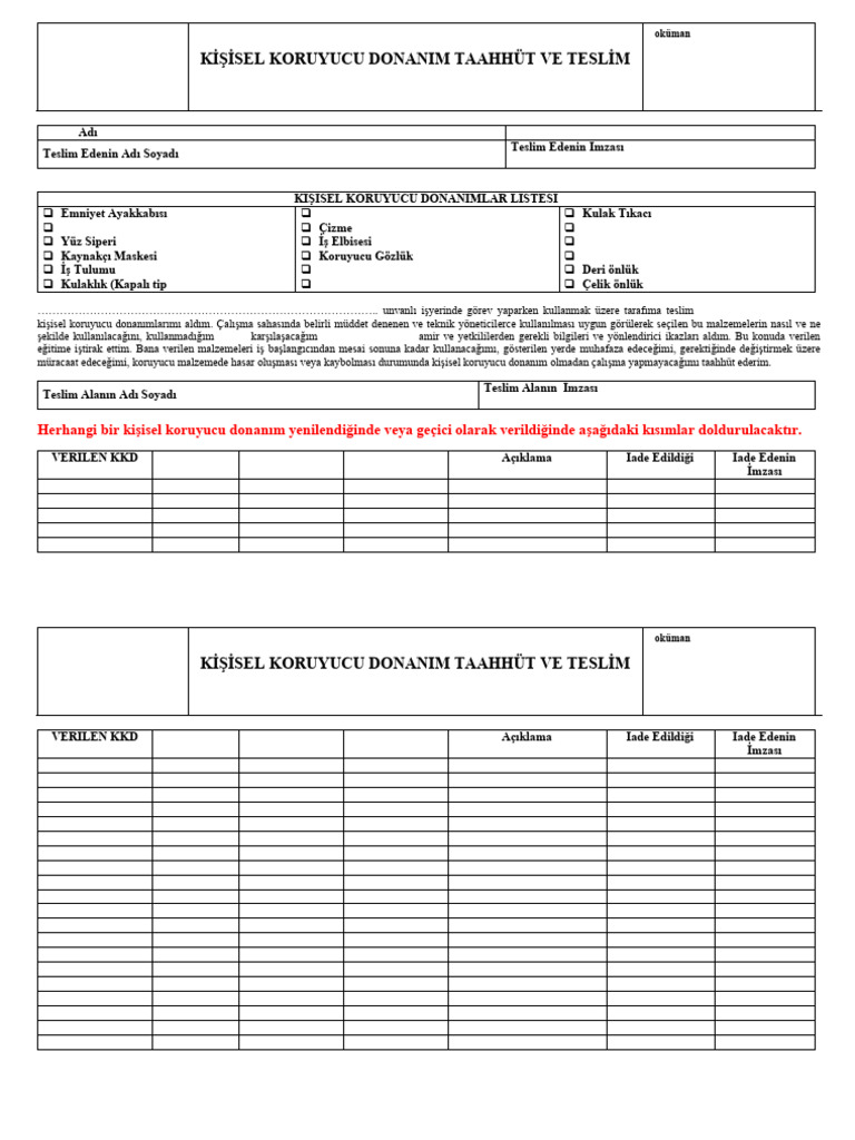 Kişisel Koruyucu Donanım Taahhüt Ve Teslim Formu | PDF