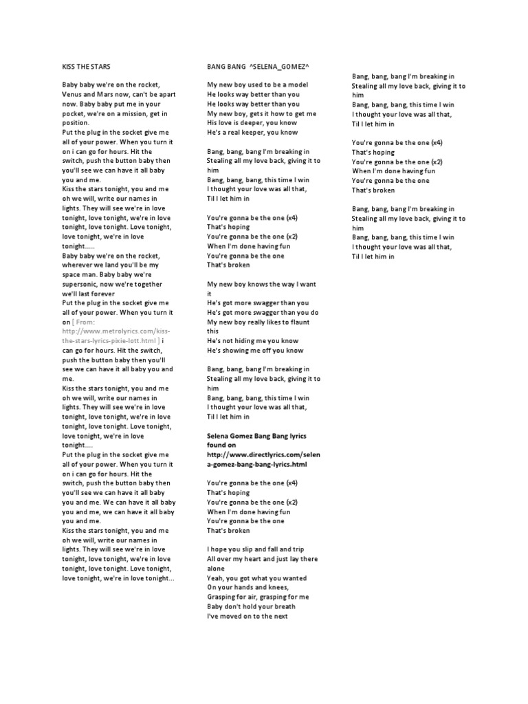 (From: The-Stars-Lyrics-Pixie-Lott - HTML) : Selena Gomez Bang Bang ...