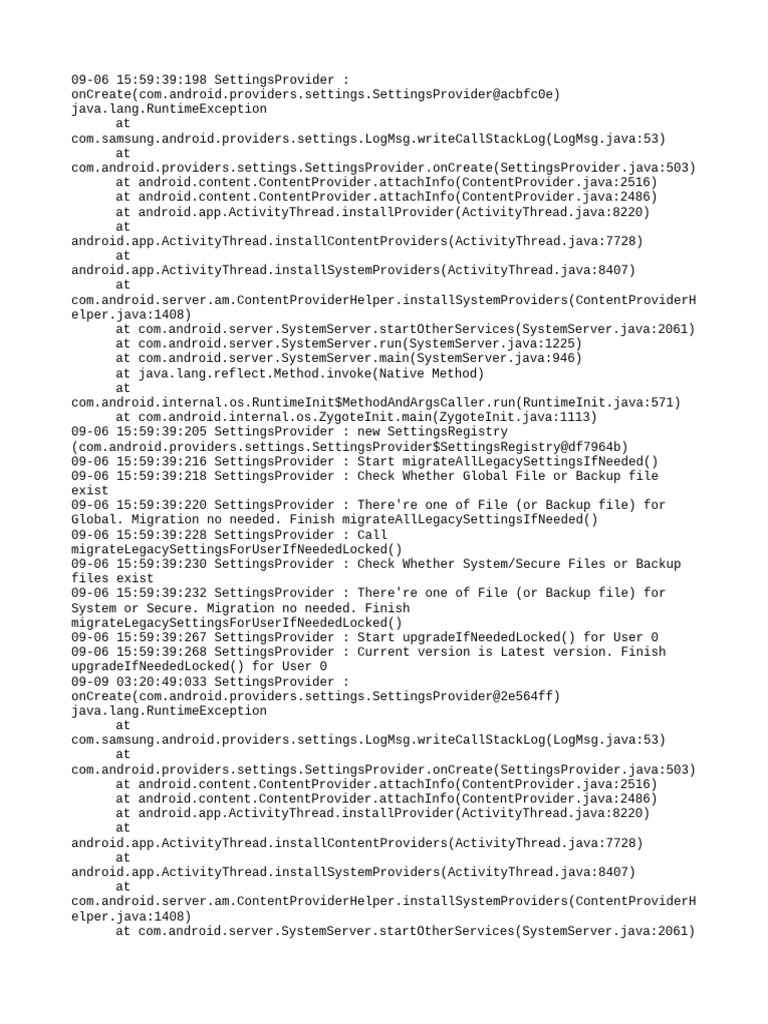 Samsung SettingsProvider Error Logs | PDF | Backup | Java (Programming ...