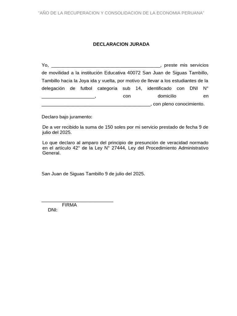 Declaración Jurada de Servicio de Movilidad | PDF