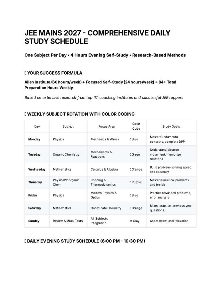 JEE Math Study Plan: 2-3 Hours Daily | PDF | Chemical Reactions | Sleep