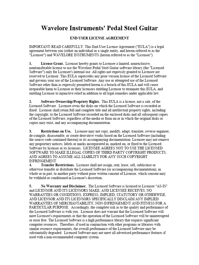 Wavelore Pedal Steel Guitar EULA | PDF | License | Software
