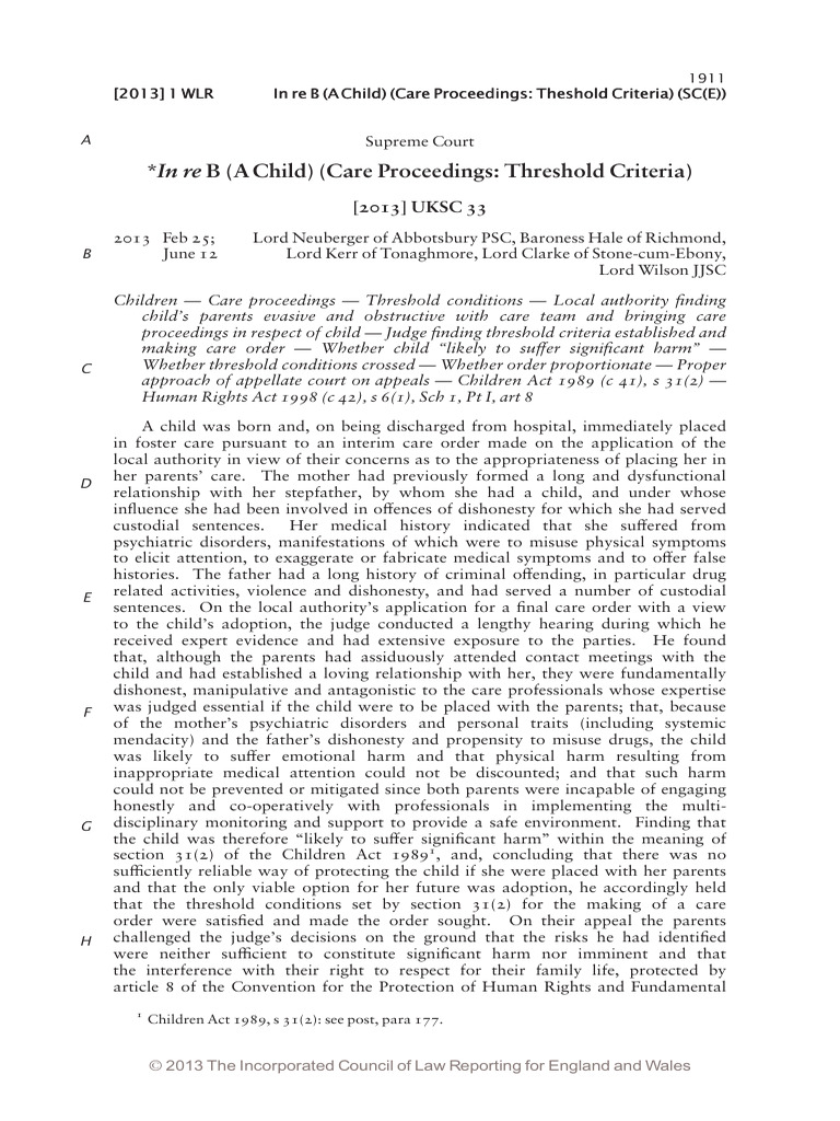 in Re B (A Child) (Care Proceedings Threshold Criteria) (2013) 1 WLR ...