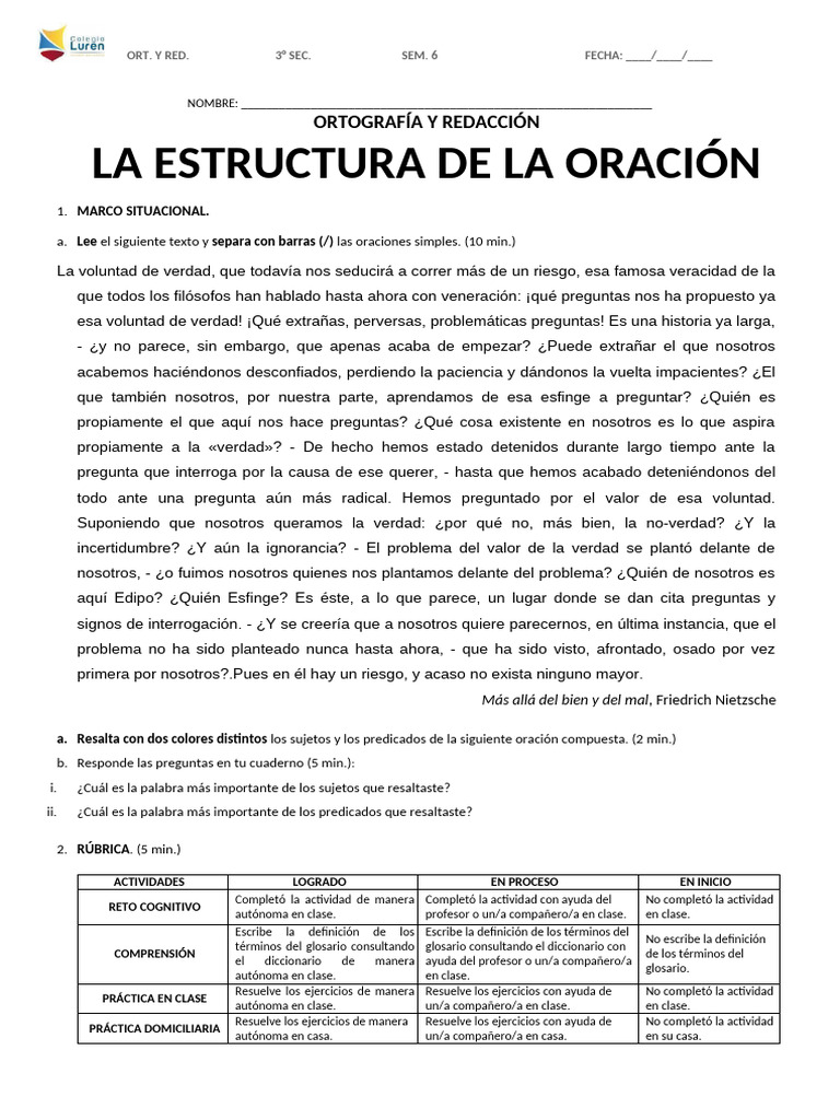 FT. 3° Sec. IVB. ORT. Y RED. LA ESTRUCTURA DE LA ORACIÓN | PDF ...