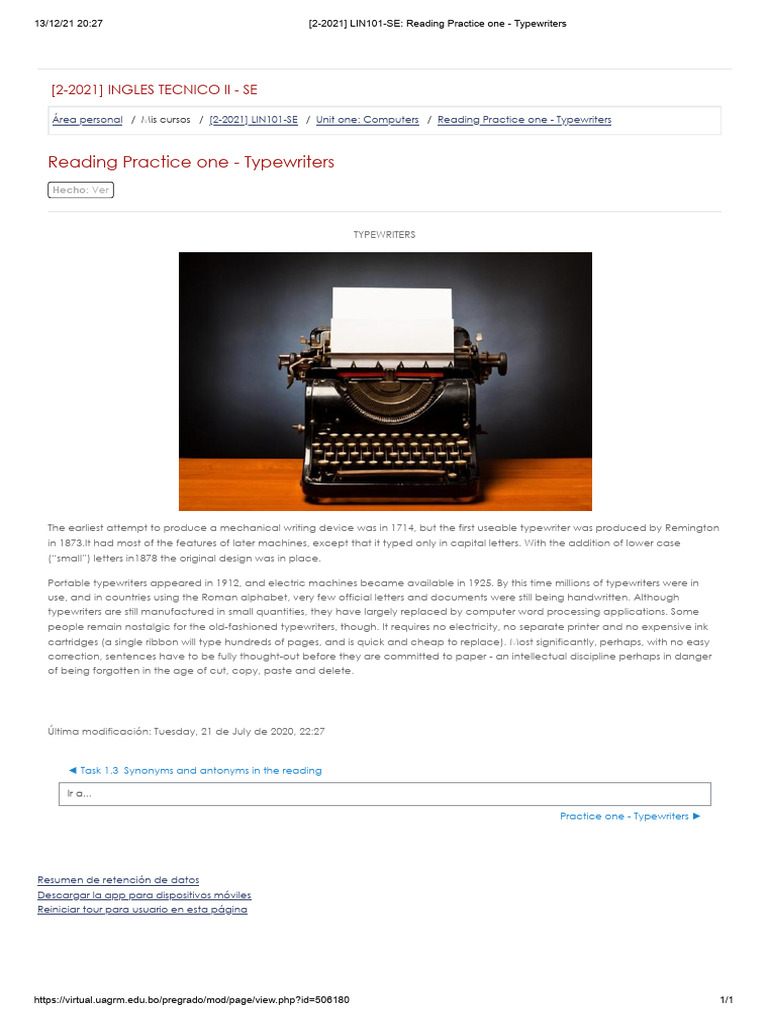 (2-2021) LIN101-SE - Reading Practice One - Typewriters | PDF