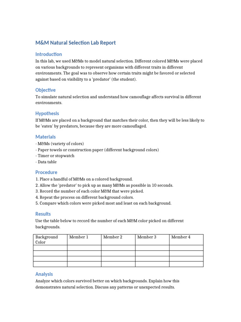 MM Natural Selection Lab Report With Table | PDF