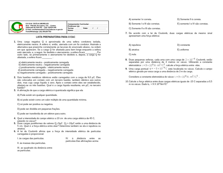 Questões de Eletrostática para EAC | PDF