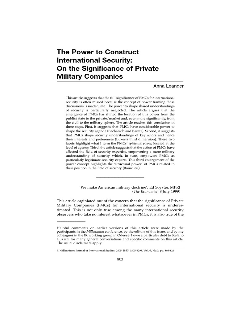 Leander 2005 The Power To Construct International Security On The ...