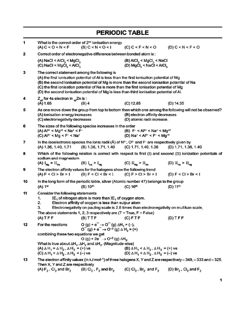 Periodic Table Question Bank-20200420174010212252 | PDF | Ionic Bonding ...