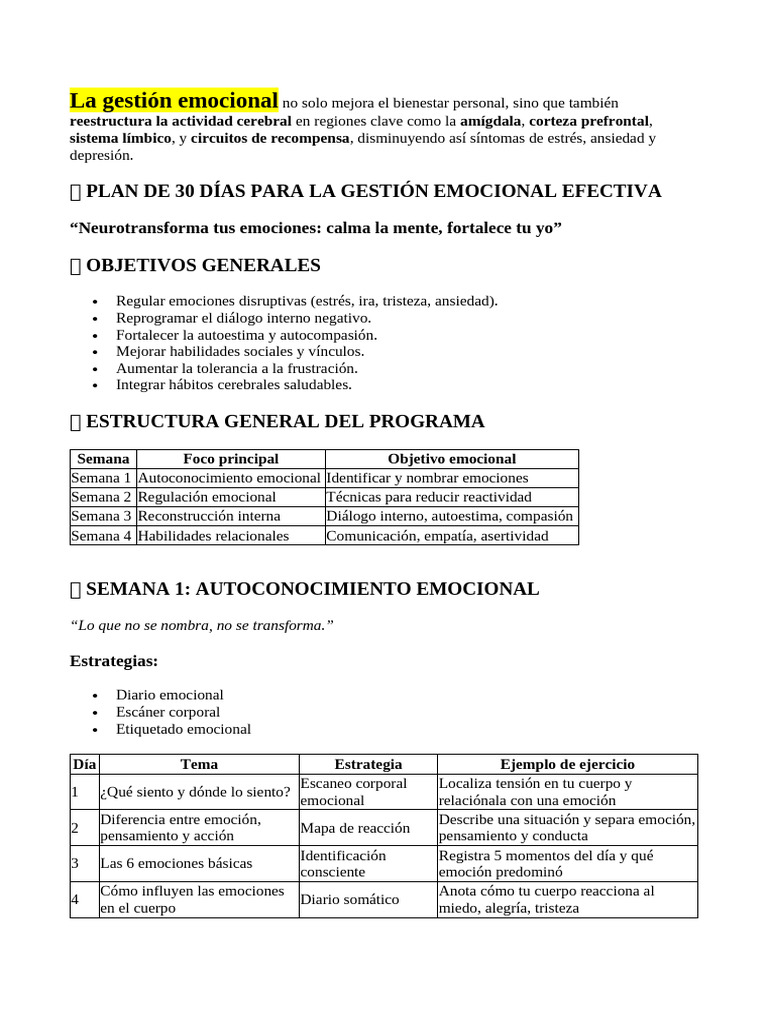 Plan de 30 Días para la Gestión Emocional | PDF | Las emociones ...