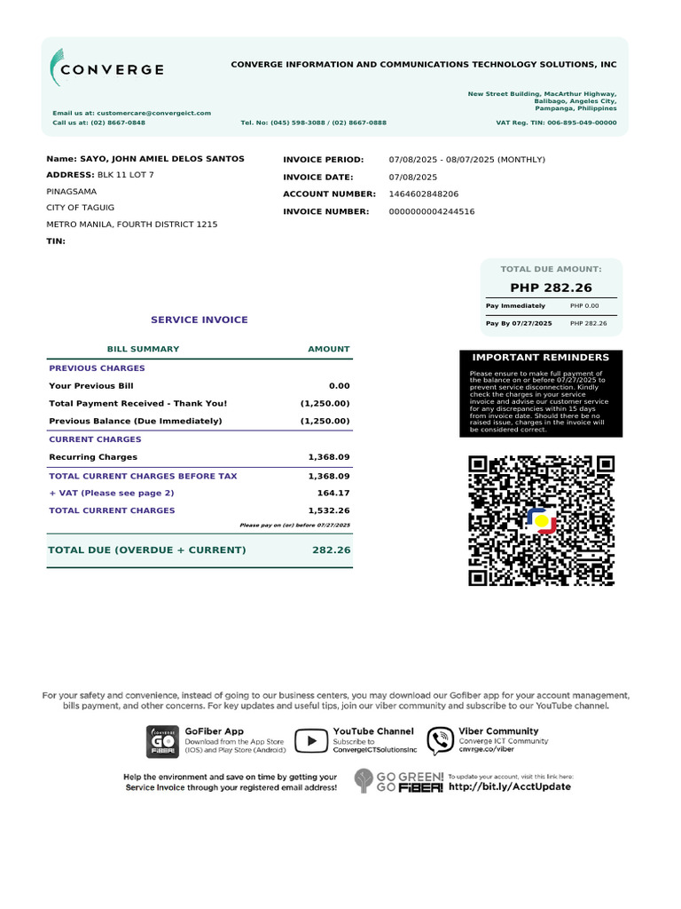 Service Invoice: 07/08/2025 - 08/07/2025 (MONTHLY) 07/08/2025 ...