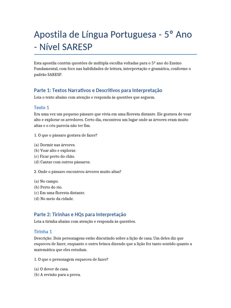 Apostila SARESP: Português 5º Ano | PDF