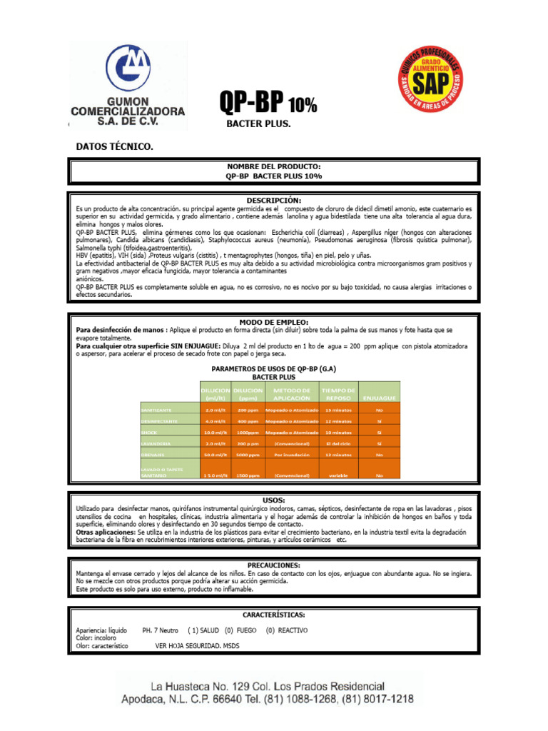 Bacter Plus: Desinfección Efectiva 10% | PDF | Agua | Microbiología