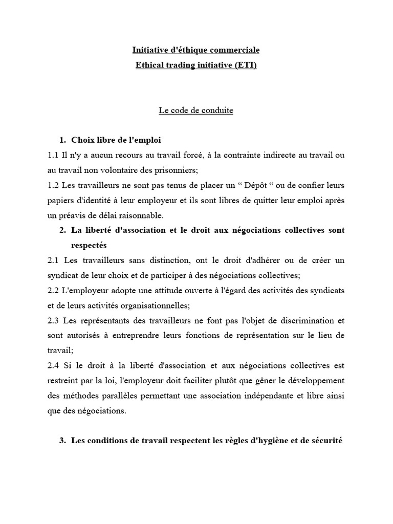 Code de conduite pour l'éthique commerciale | PDF | Heures ...