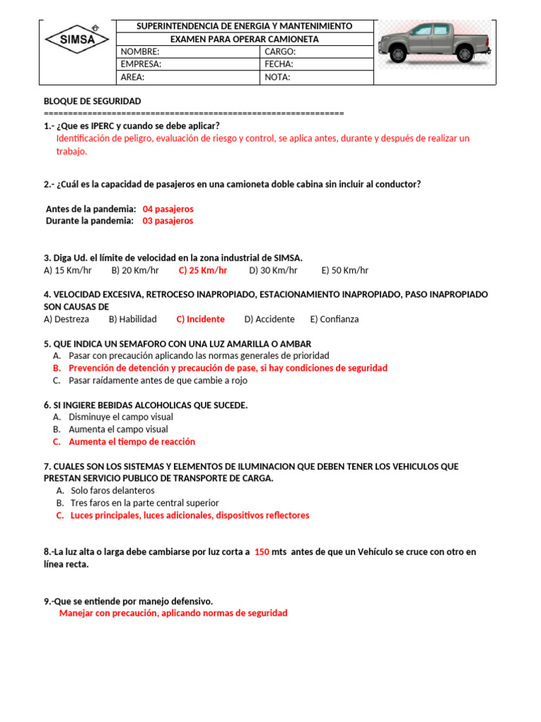 Examen de Seguridad para Operar Camioneta | PDF | Tracción en las ...