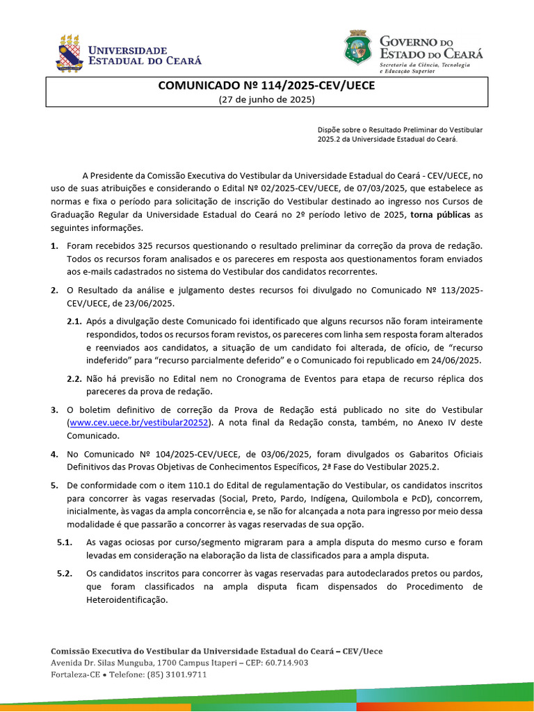 Resultado Preliminar Vestibular UECE 2025.2 | PDF | Science