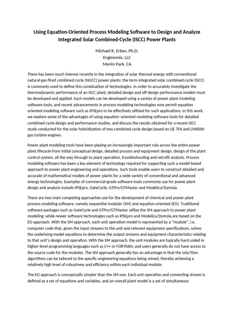 Equation Oriented Process Modeling Software For Power Plant Design and ...