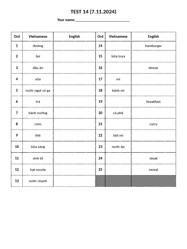 Test 14 Unit 6 - Food 1 | PDF