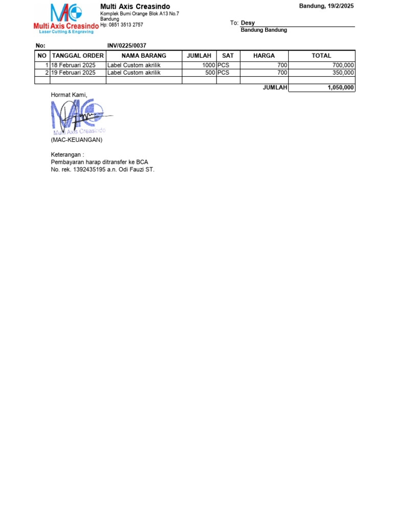 Invoice Penjualan Desy 19 Feb 1500 PCS | PDF