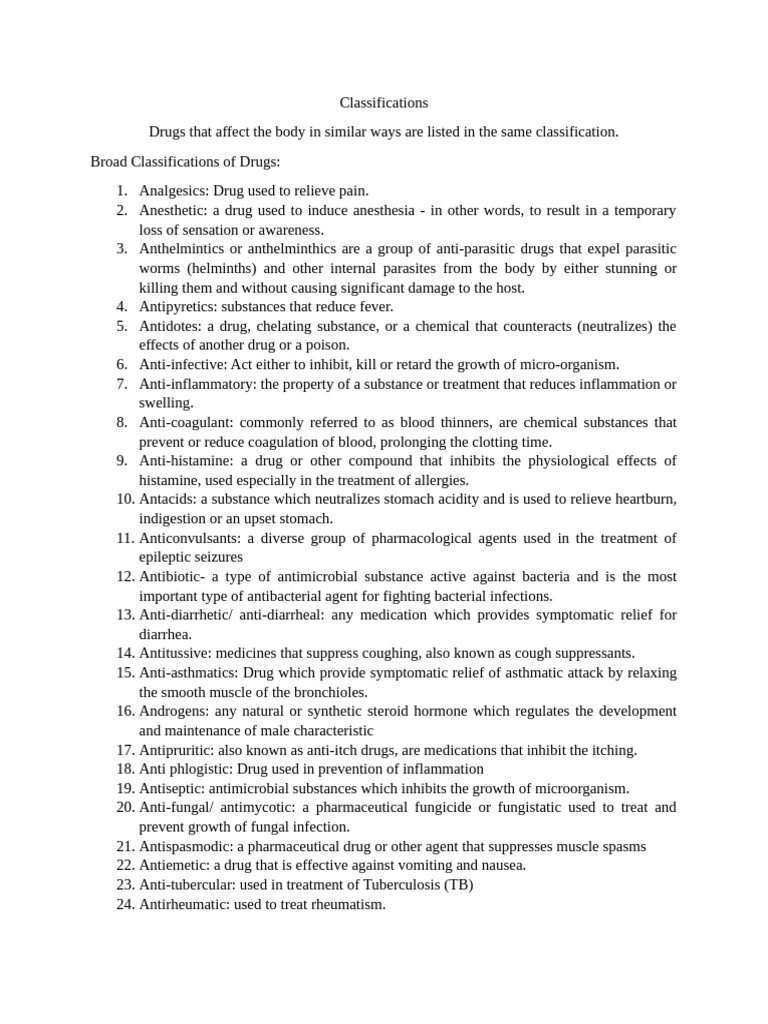 Comprehensive Drug Classifications Guide | PDF | Ounce | Teaspoon