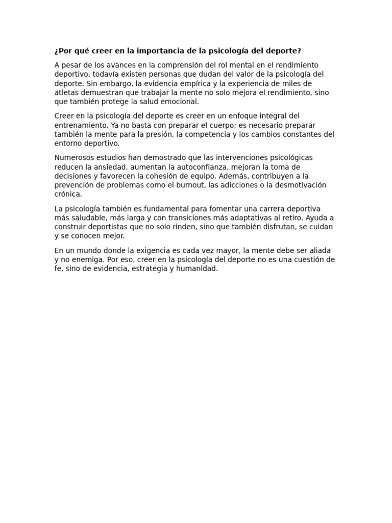 Por Qué Creer en La Importancia de La Psicología Del Deporte | PDF