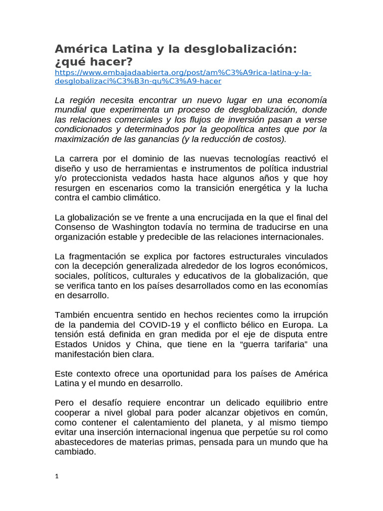 América Latina y La Desglobalización | PDF | Organización de Comercio ...