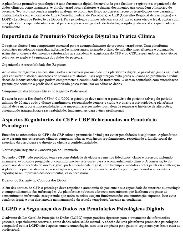 Prontuário Psicológico Digital e Ética | PDF | Psicologia | Histórico ...