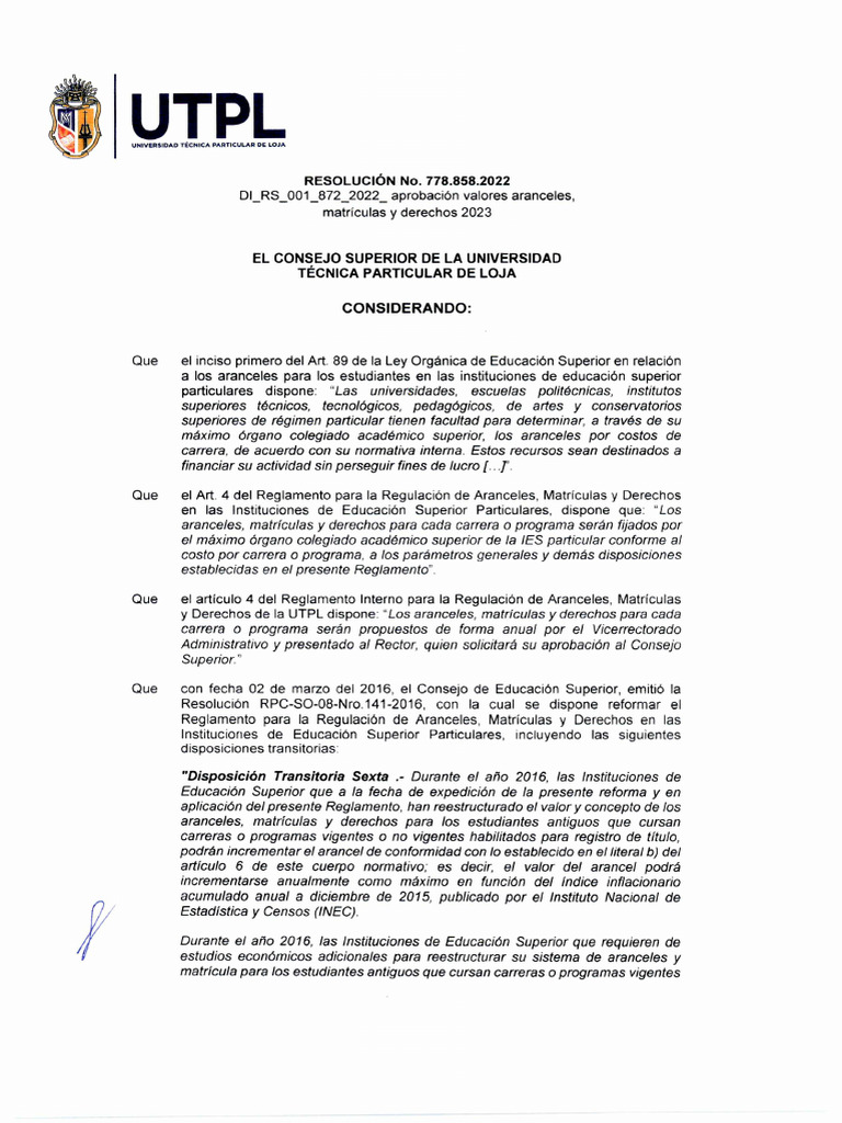 Costos Matriculas y Aranceles Utpl 2023 | PDF
