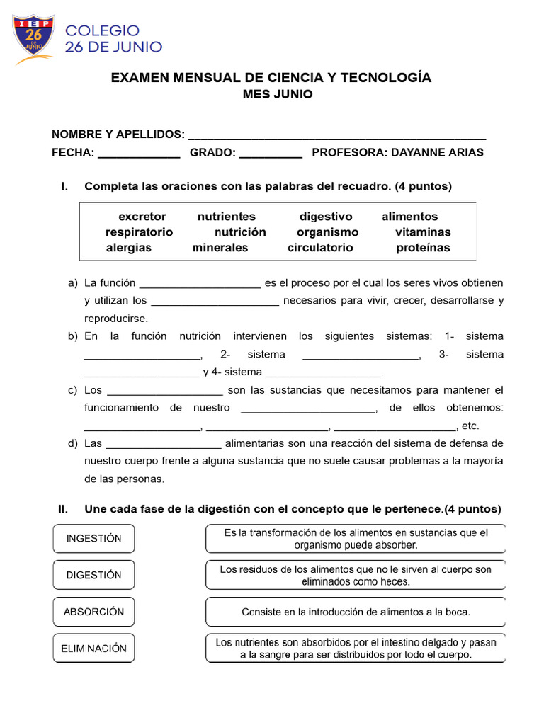 EXAMEN MENSUAL DE CIENCIA Y AMBIENTE - Yassir | PDF | Sistema digestivo ...