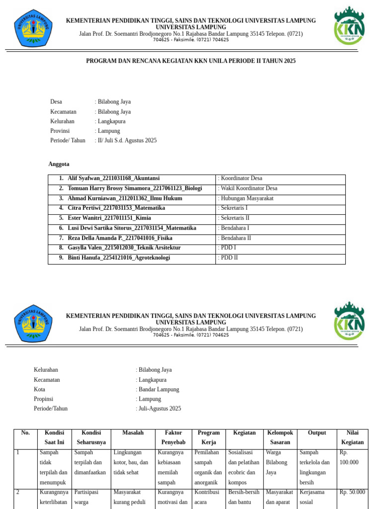 Rencana Kegiatan KKN UNILA 2025 | PDF