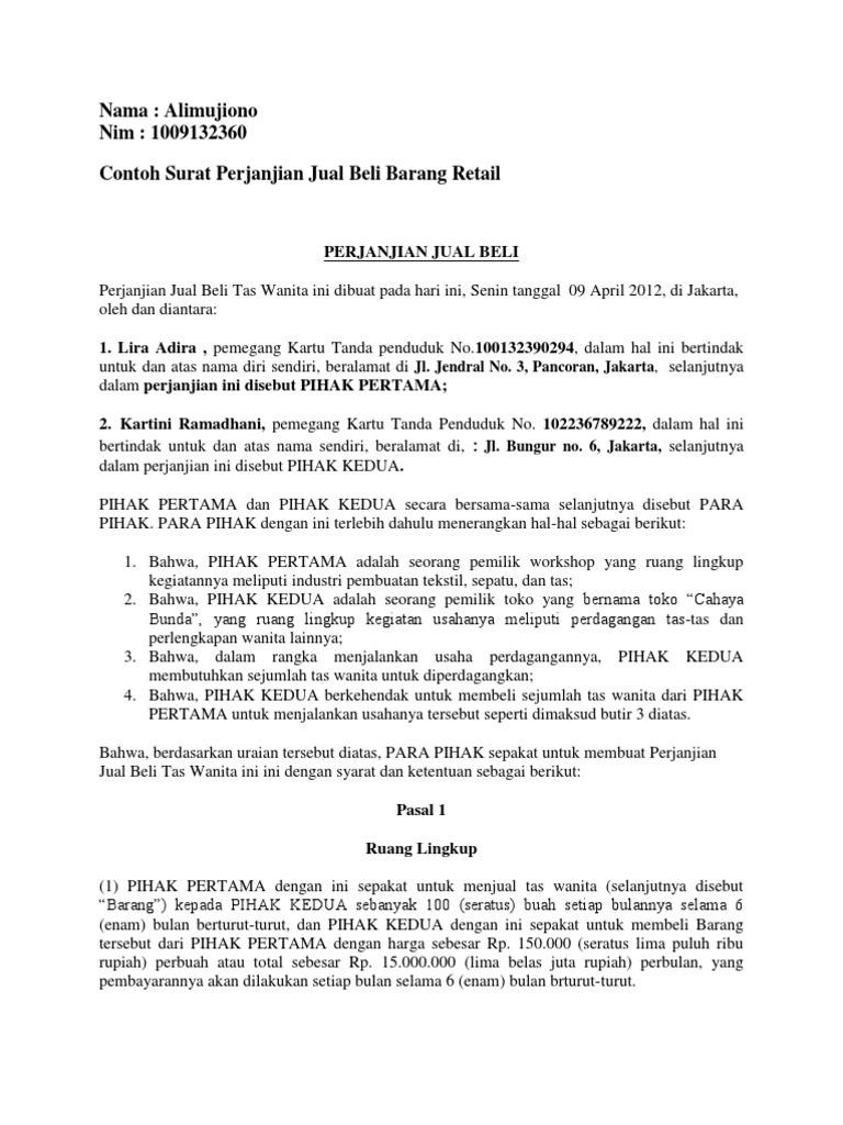Contoh Surat Perjanjian Pengembalian Barang