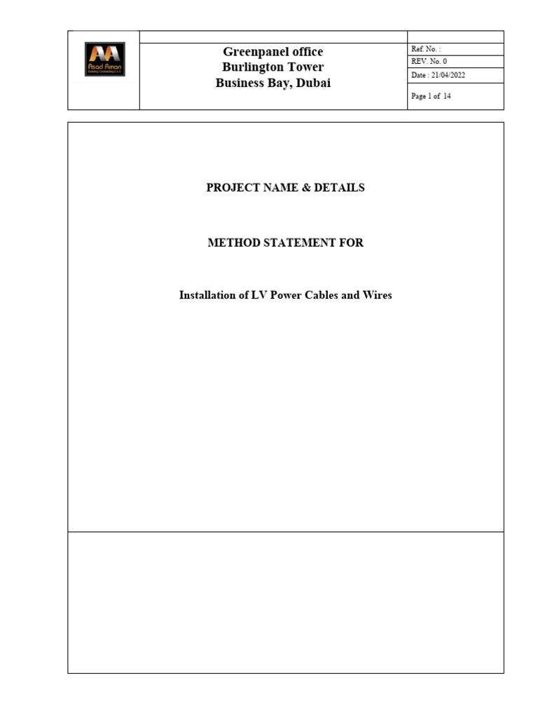 LV Power Cable Installation Method Statement | PDF | Quality Assurance ...