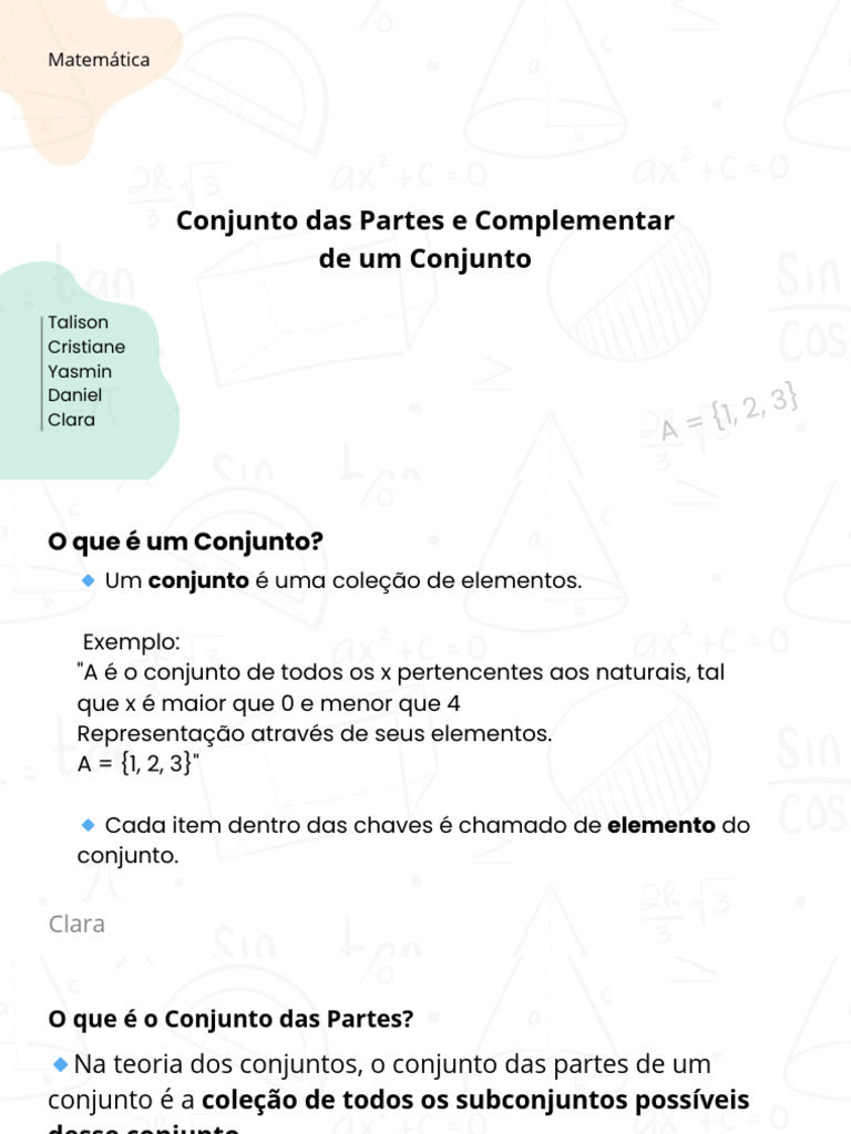 Conjunto das Partes e Complementar em Matemática | PDF | Conjunto ...