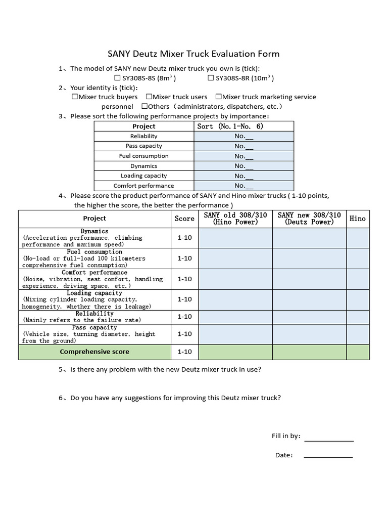 SANY Deutz Mixer Truck Evaluation Form | PDF