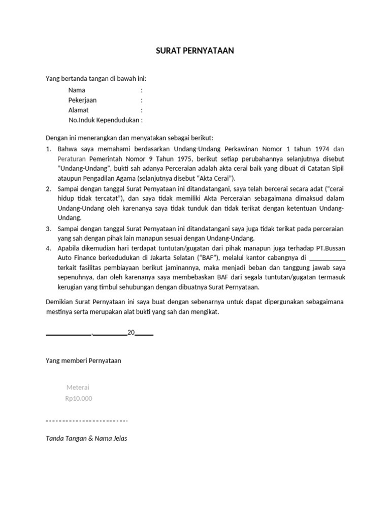 Surat Pernyataan Cerai Secara Adat | PDF