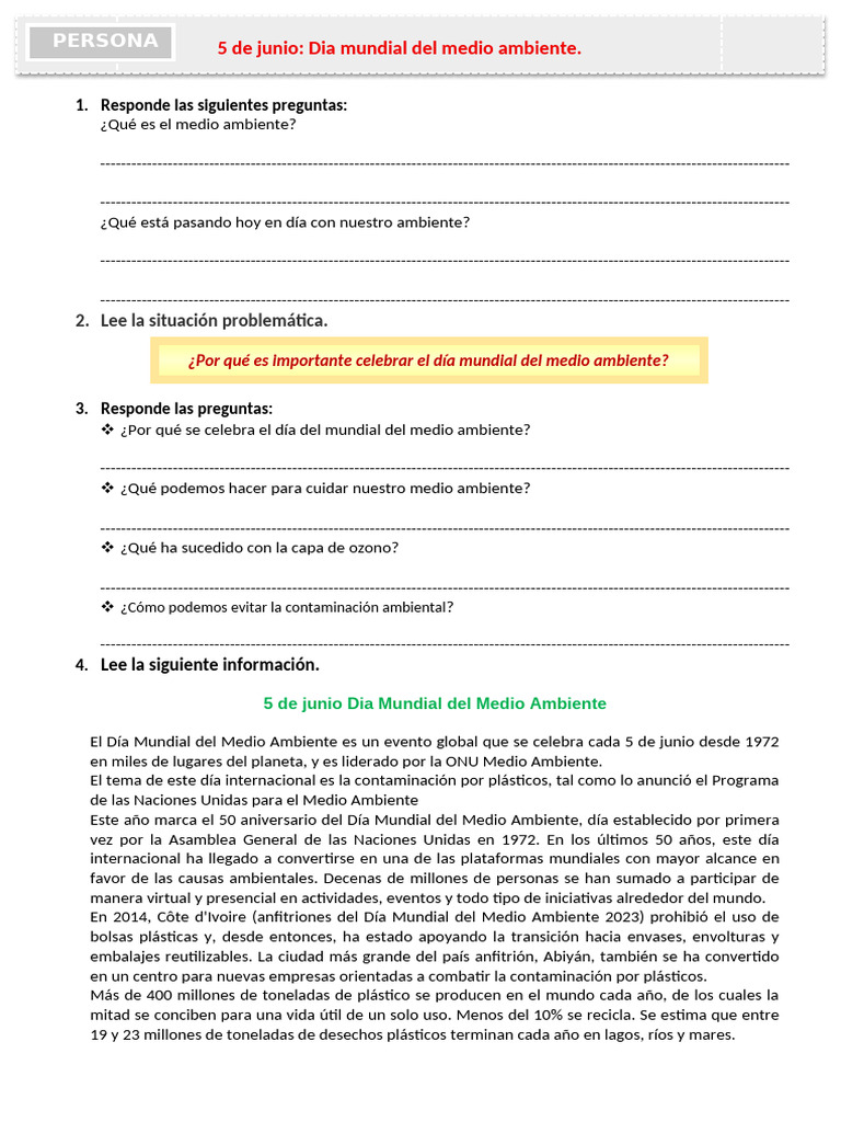 D3 A3 FICHA PS. 5 de Junio Dia Mundial Del Medio Ambiente. | PDF ...