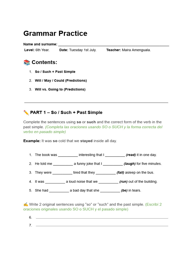 Grammar Practice for 6th Year Students | PDF