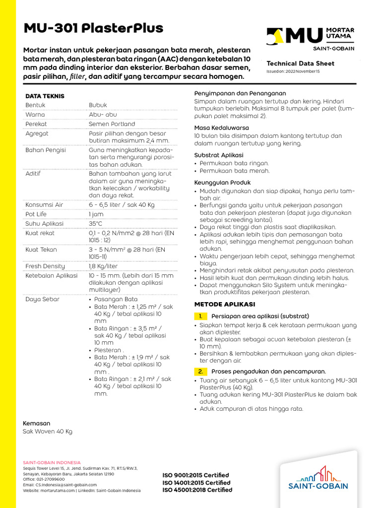 MU-301 PlasterPlus: Mortar Instan Berkualitas | PDF